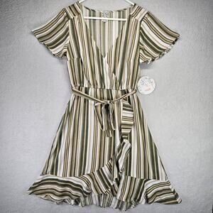 Naif Wrap Mini Dress Womens Medium V Neck Tie Waist Flounce Hem Stripped New